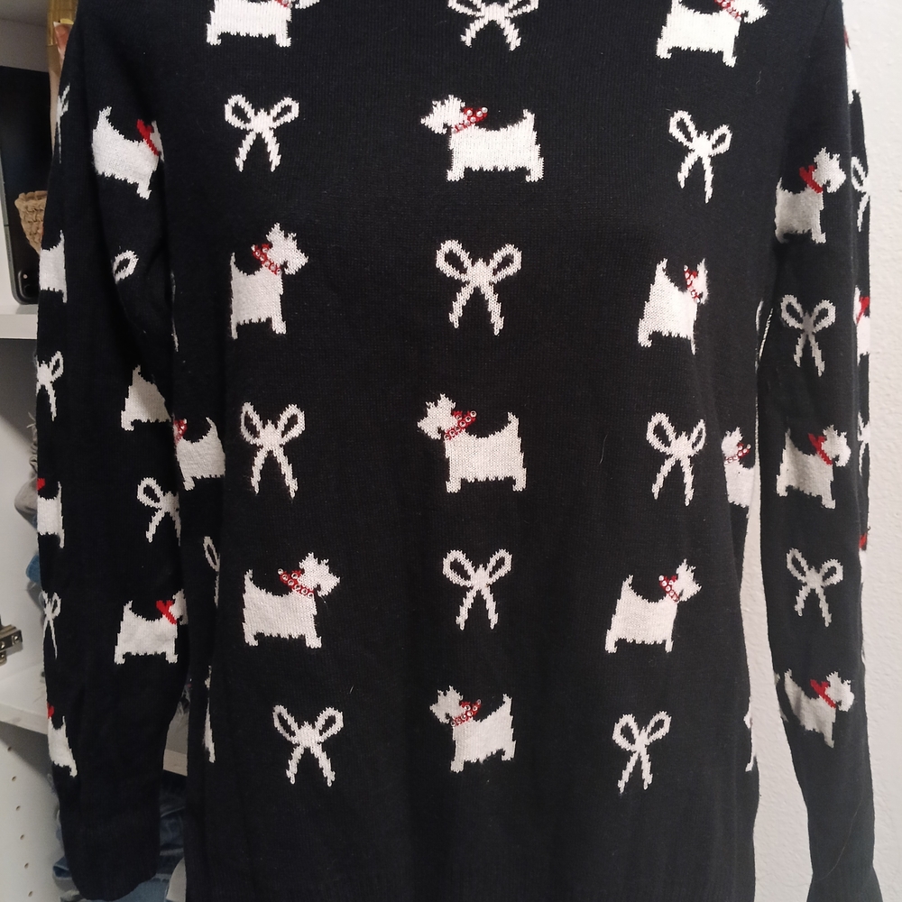 Charming Black Sweater with White Dog and Bow Design